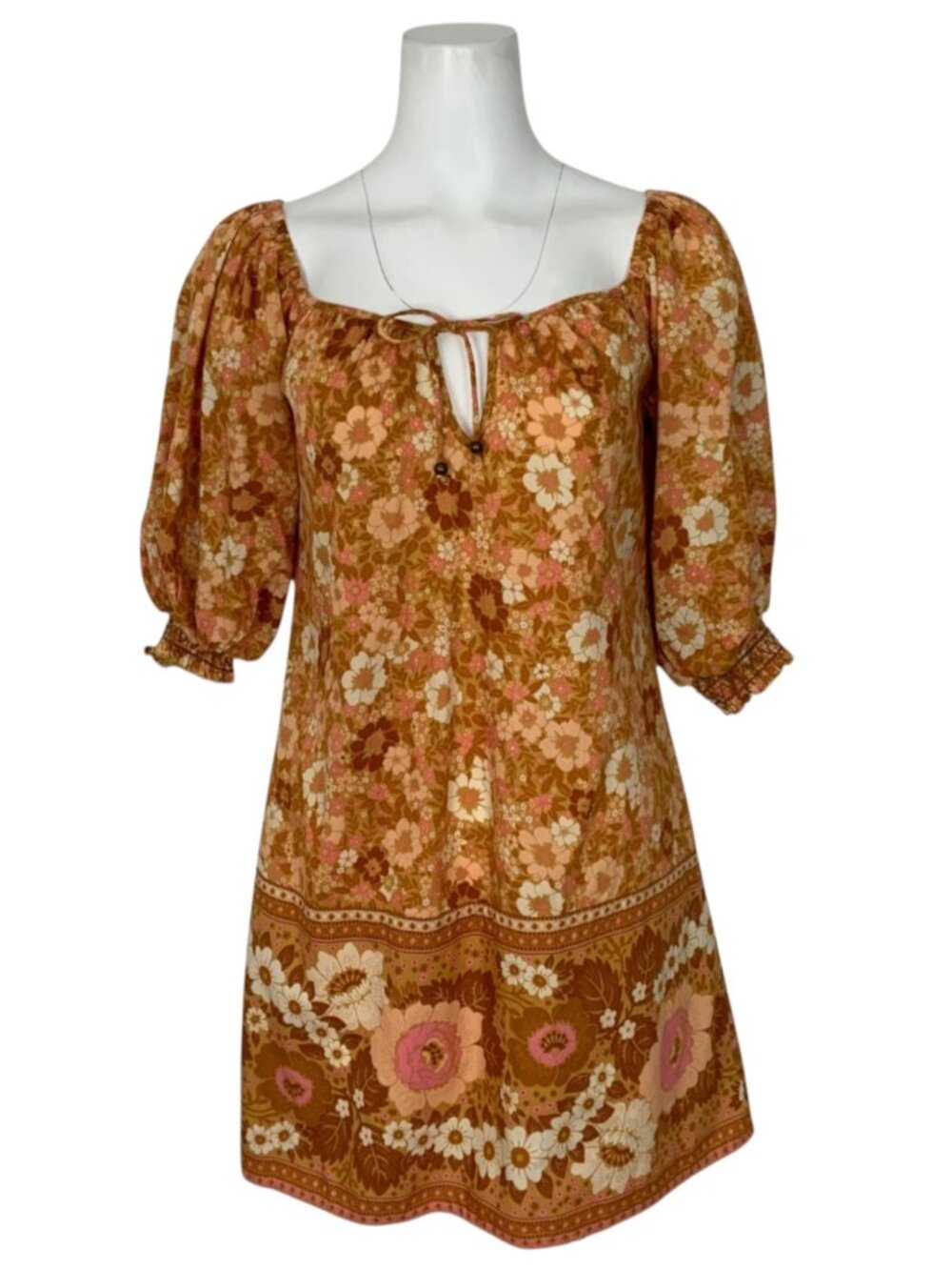 Spell and The Gypsy Anne Tunic Dress M Tan Floral Mini Off The Shoulder - Picture 10 of 16